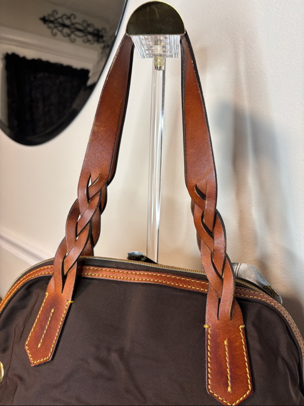 🔥LOW START Dooney & Bourke brown nylon domed satchel w/ braided leather handles - Picture 5 of 16